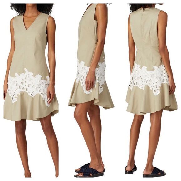 Derek Lam Collective Dress Sz 38 US 4 Khaki Lace VNeck Knee Length Lined Neutral - Picture 1 of 11
